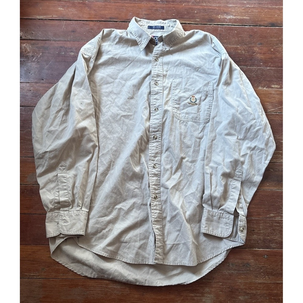 Chaps Ralph Lauren Button Down Shirt Mens Large Beige Tan Crest Logo Vintage